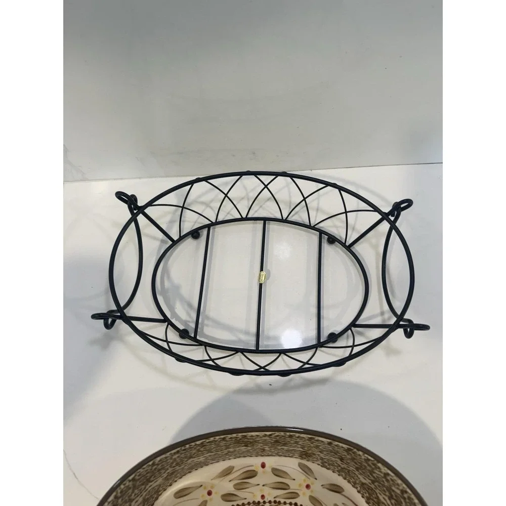 Temptations Old World Brown 1.5 Qt Oval Casserole Bowl Dish W/Trivet And Rack